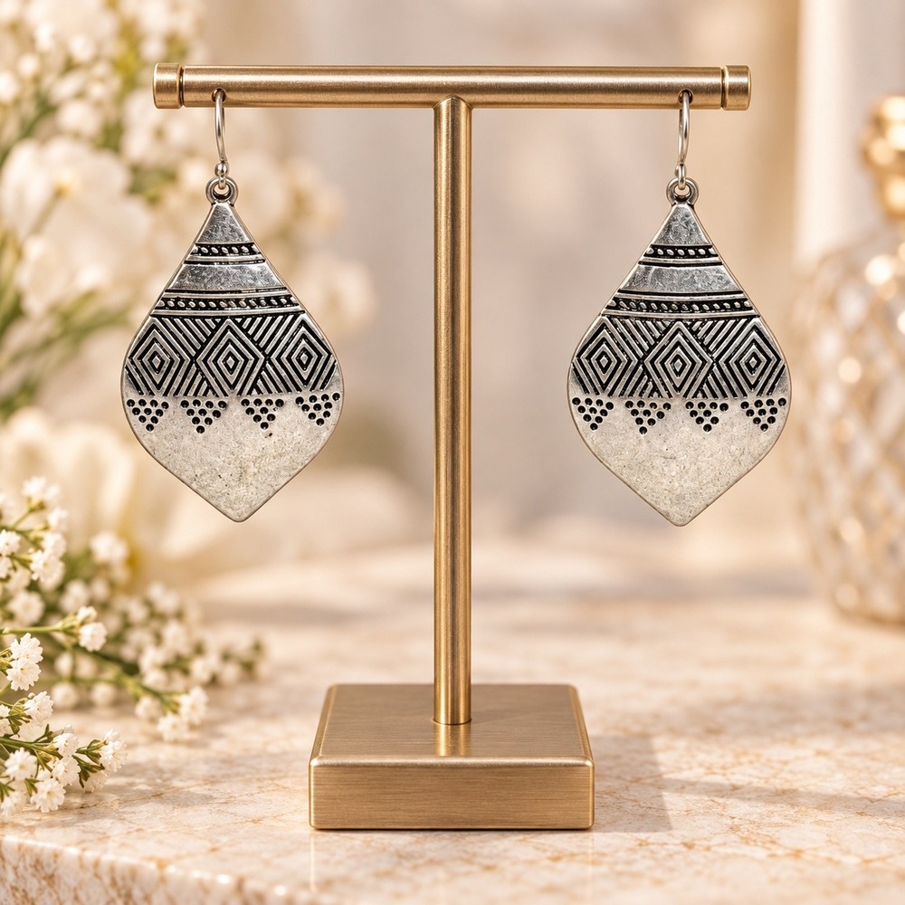 Silver Tone Geometric Tribal Teardrop Dangle Earrings Bohemian Etched Diamond